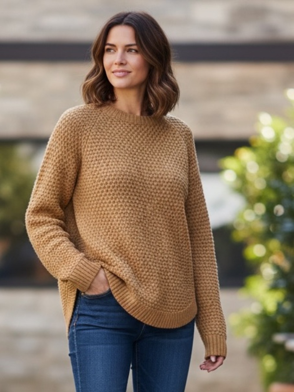 St. John's Bay Camel Honeycomb Knit Crew Sweater
